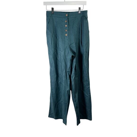 Lintico Blue 100% Linen Wide Leg Pants Button Fly Lagenlook Coastal Women Medium - Picture 1 of 6
